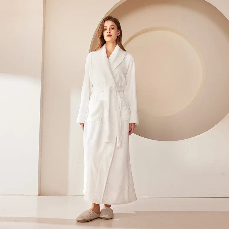 Autumn Winter Coral Fleece Sleepwear Thicken Warm Flannel Couple's Long Robe Men's Kimono Bathrobe Gown Home Clothes Lounge Wear Women White Robe / 3XL