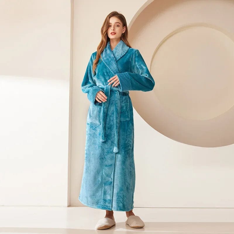 Autumn Winter Coral Fleece Sleepwear Thicken Warm Flannel Couple's Long Robe Men's Kimono Bathrobe Gown Home Clothes Lounge Wear Women Green Robe / 3XL