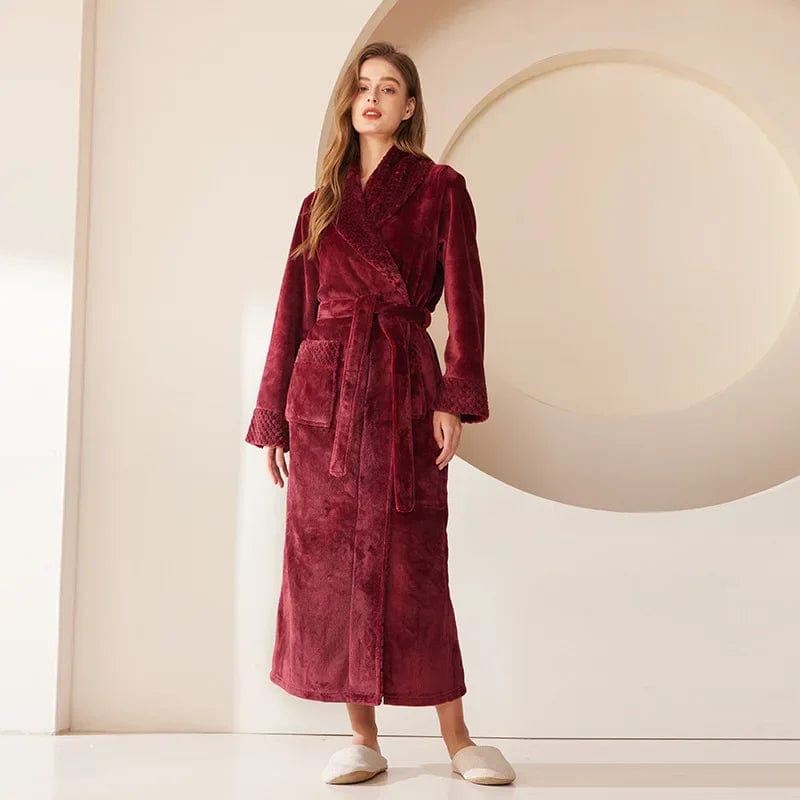 Autumn Winter Coral Fleece Sleepwear Thicken Warm Flannel Couple's Long Robe Men's Kimono Bathrobe Gown Home Clothes Lounge Wear Women Burgundy Robe / 3XL