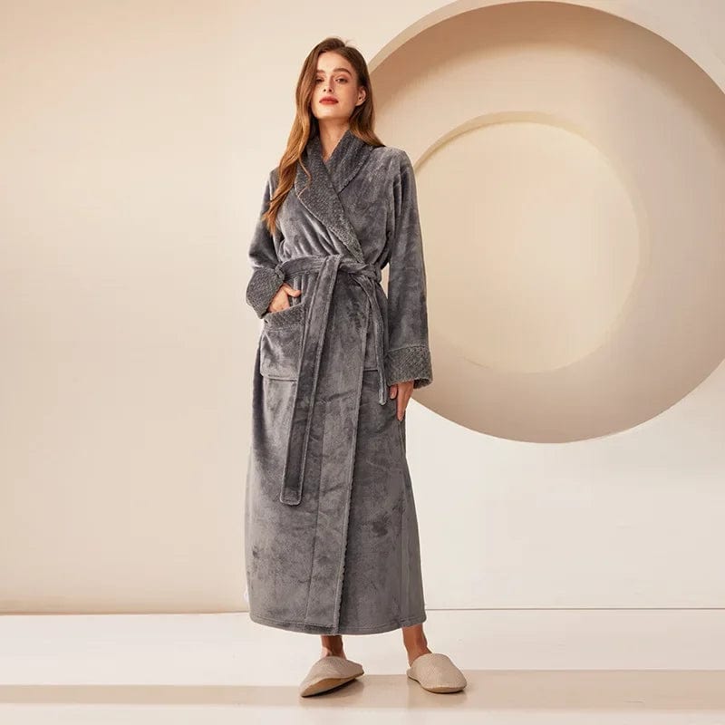 Autumn Winter Coral Fleece Sleepwear Thicken Warm Flannel Couple's Long Robe Men's Kimono Bathrobe Gown Home Clothes Lounge Wear Women Gray Robe / M