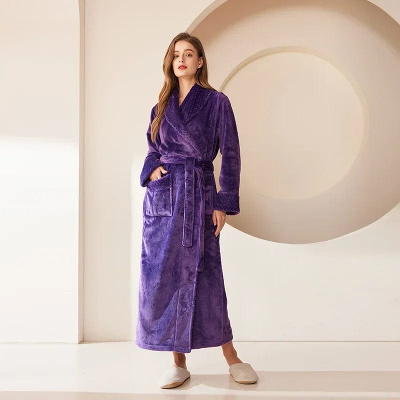 Autumn Winter Coral Fleece Sleepwear Thicken Warm Flannel Couple's Long Robe Men's Kimono Bathrobe Gown Home Clothes Lounge Wear Women Purple Robe / 3XL