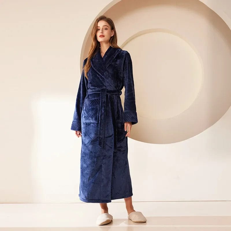 Autumn Winter Coral Fleece Sleepwear Thicken Warm Flannel Couple's Long Robe Men's Kimono Bathrobe Gown Home Clothes Lounge Wear Women Navy Blue / 3XL