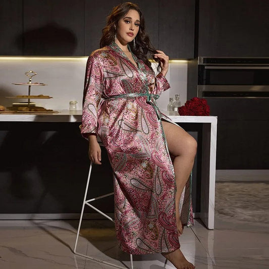 Large Size Female Long Robe Sleepwear Luxury Silky Satin Kimono Bathrobe Gown Loungewear Loose Casual Women Home Wear Lingerie