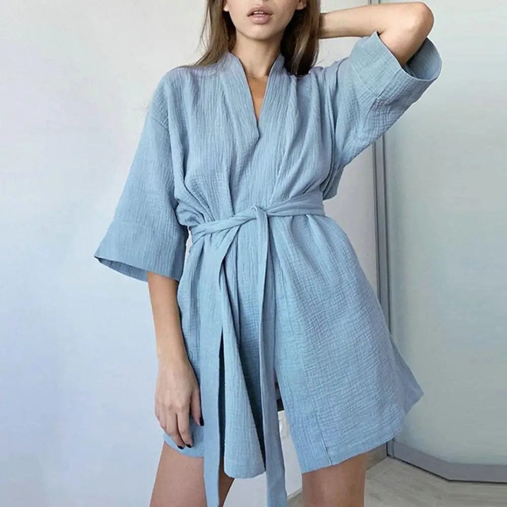 Peignoir Femme Court en Coton Kiara Bleu / S