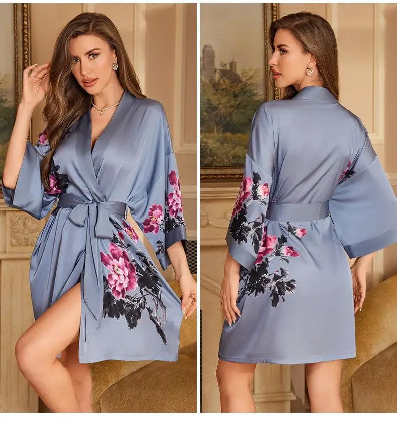 Peignoir Femme Court en Satin Cara Bleu / Taille unique