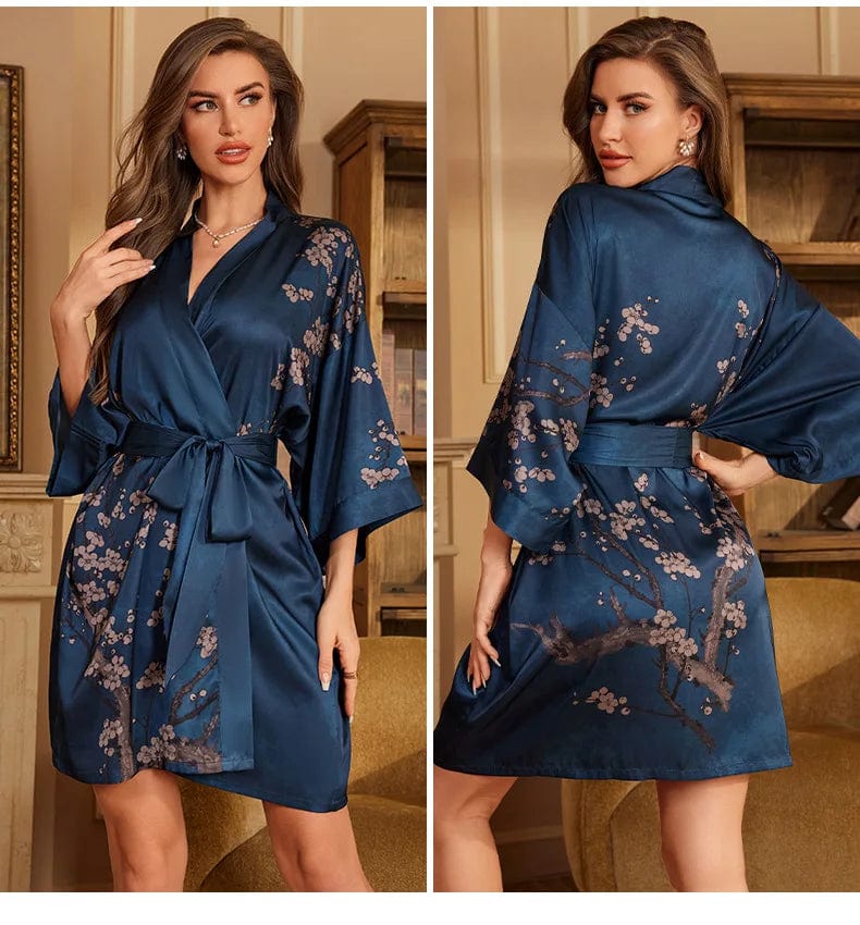 Peignoir Femme Court en Satin Cara Bleu foncé / Taille unique