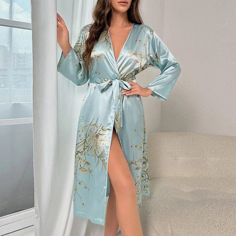 Peignoir Femme satin Floral Bleu / L