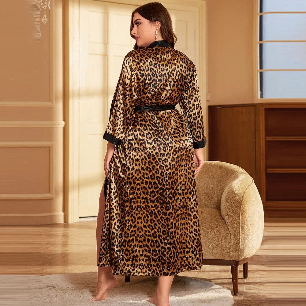 Sexy Silk-like Leopard Slippers Printing Homewear Nightwear Loose-fit Cardigan Bathrobe Summer Thin Lightweight