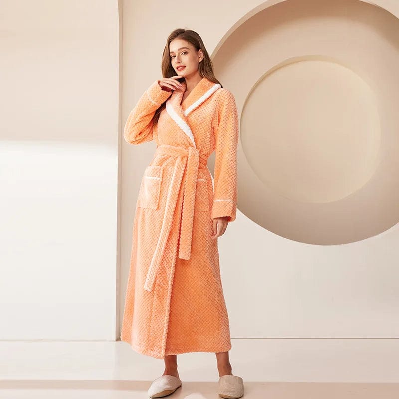 Thicken Flannel Men's Long Robe Home Clothing Autumn Winter Warm Coral Fleece Kimono Bathrobe Gown Sleepwear Loose Nightwear Women Orange Robe / 3XL