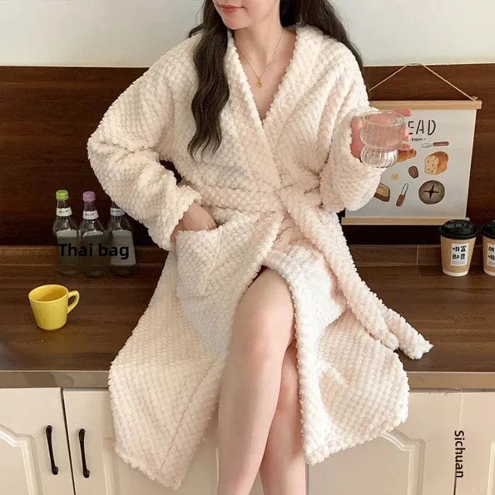 Winter New Women's Rose Velvet Robe Thickened High-End Feel Sexy Pure Desire Aesthetic Bathrobe Warm Homewear XL / 1009 nightgown Ivory White